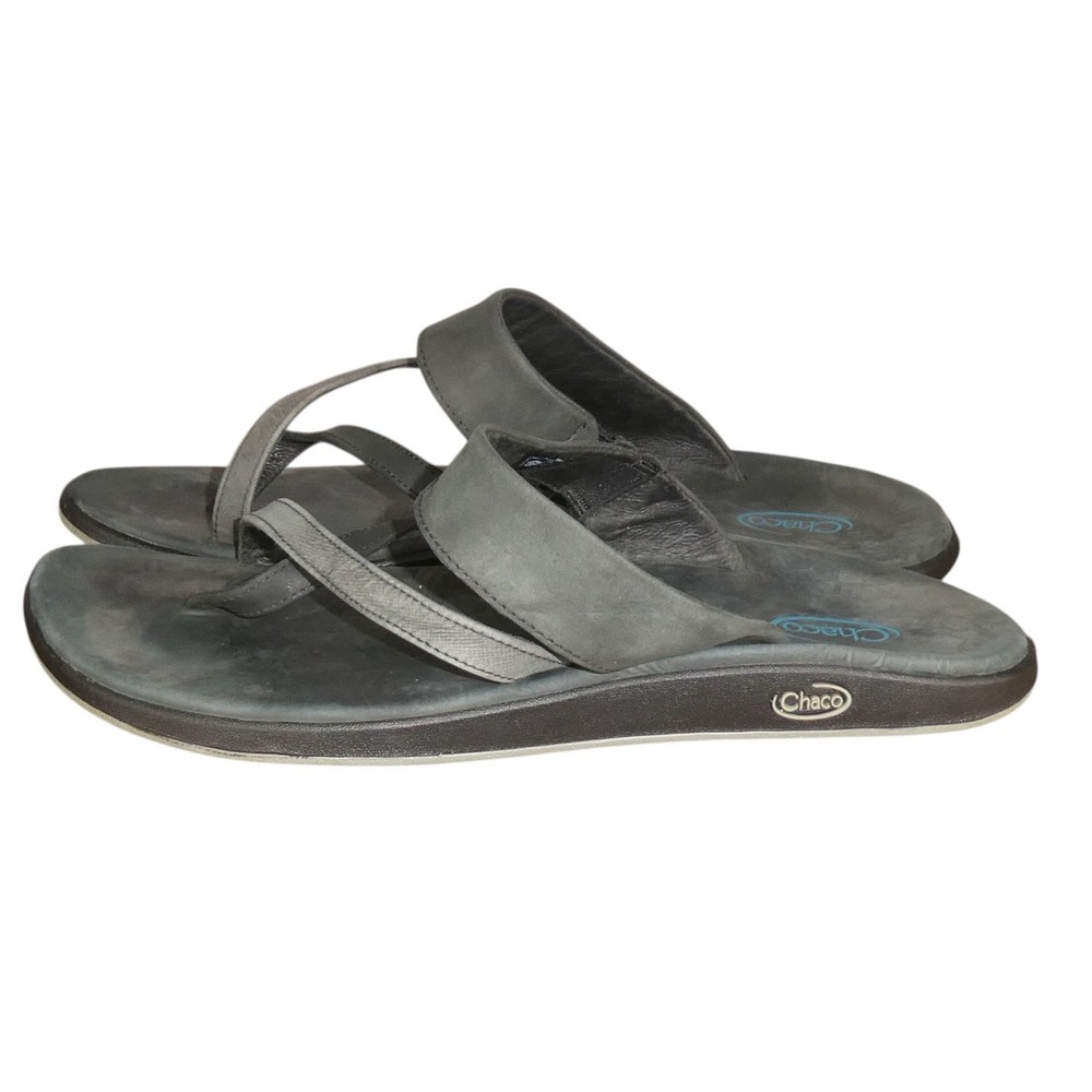 Chaco Womens 10 Leather Flip Flop Sandals Black J103650 Strappy Comfort Beach - Picture 2 of 7